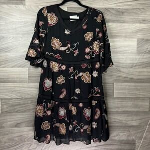 Eri + Ali Dress Womens XS Black Tiered Embroidered Floral Sheer V Neck Lace Boho